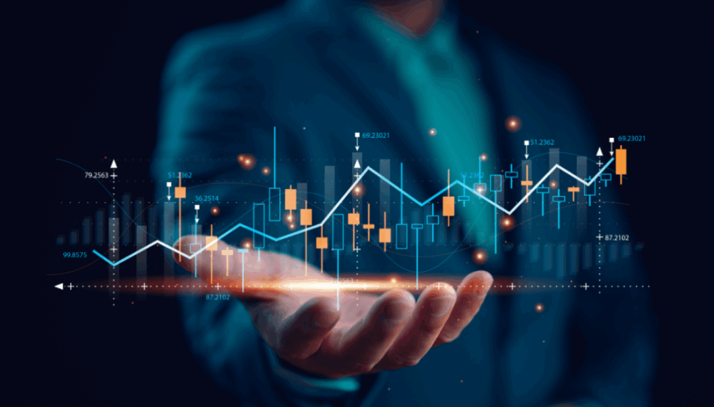 A business professional holding a glowing digital chart representing financial growth and stock data. This image reflects the shifting landscape of business finance following the SBA’s recent ban on MCA refinancing, urging business owners to explore more stable and compliant funding alternatives.