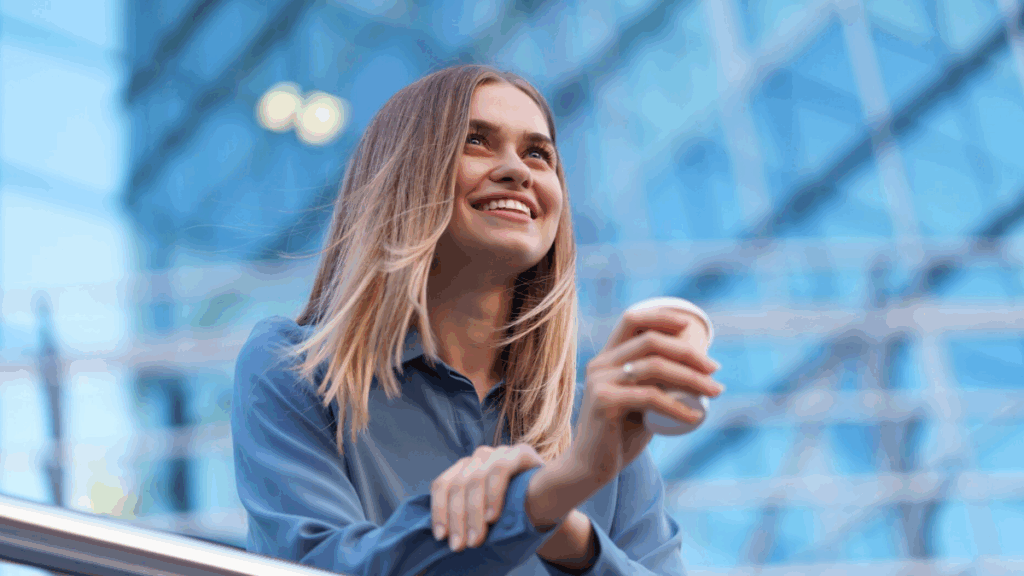 Smiling business professional enjoying a moment of relief outdoors, symbolizing life and stability after overcoming MCA debt and moving forward with renewed financial confidence.